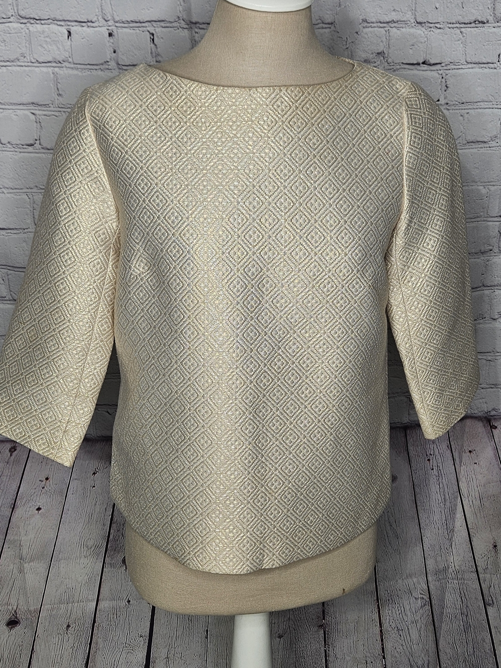 Amanda Uprichard Cream Metallic Diamond-Texture Boxy Top